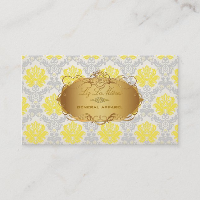 PixDezines vintage piqué damask/yellow+grey Business Card (Front)