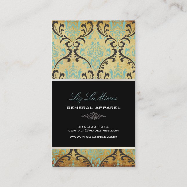 PixDezines Vintage Rossi Damask/black+blue Business Card (Front)