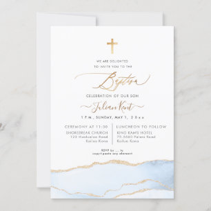 PixDezines Watercolor Agate Baby Blue Gold Baptism Invitation