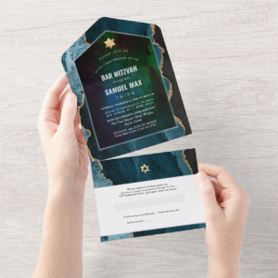 PixDezines Watercolor Agate Teal Blue Bar Mitzvah All In One Invitation