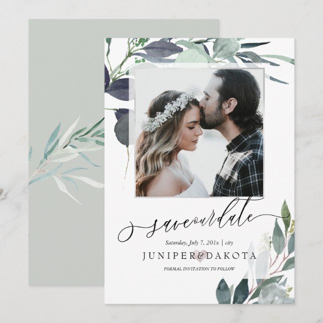 PixDezines Watercolor Blue Gum Eucalyptus Photo Invitation (Front/Back)