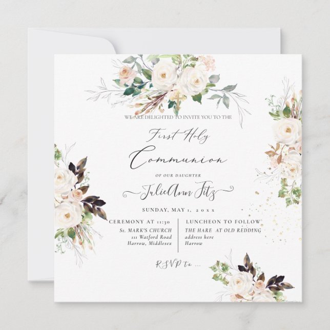 PixDezines Watercolor Blush+Cream Roses Communion  Invitation (Front)