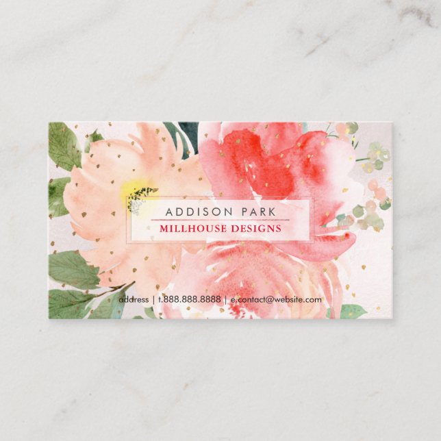PixDezines Watercolor Blush Peonies Gold Dust Busi Business Card (Front)