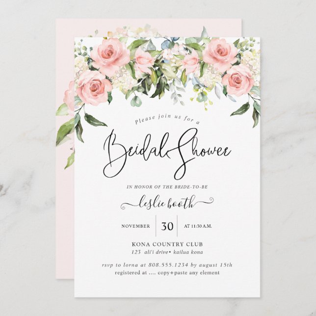 PixDezines Watercolor Blush Roses Bridal Shower Invitation (Front/Back)