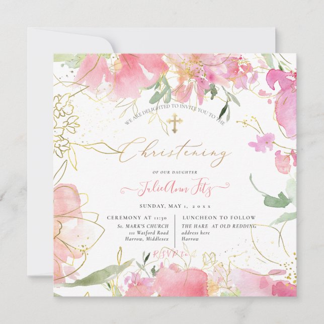 PixDezines Watercolor Blush Sweet Peas Christening Invitation (Front)