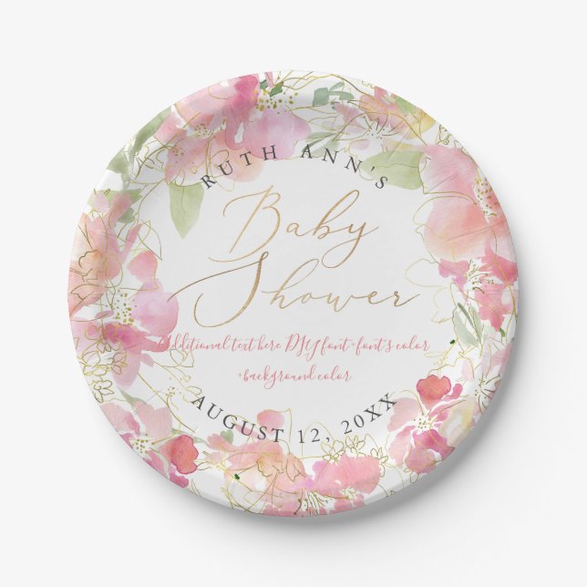 PixDezines Watercolor Blush Sweetpea Baby Shower Paper Plate (Front)