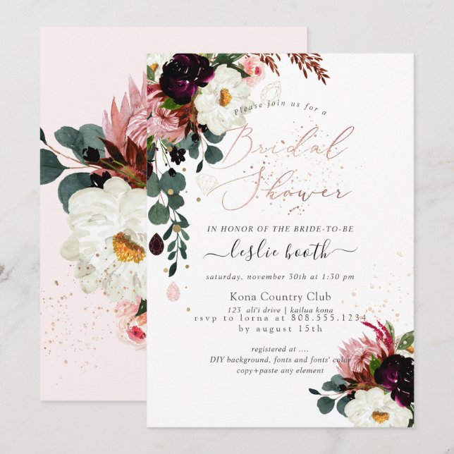 PixDezines Watercolor Burgundy Roses Bridal Shower Invitation (Front/Back)