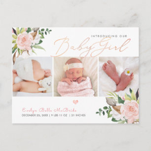 PixDezines Watercolor Cotton+Roses, Girl Birth Postcard