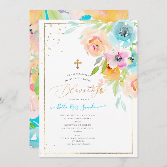 PixDezines Watercolor Delicate SpringBloom Baptism Invitation (Front/Back)