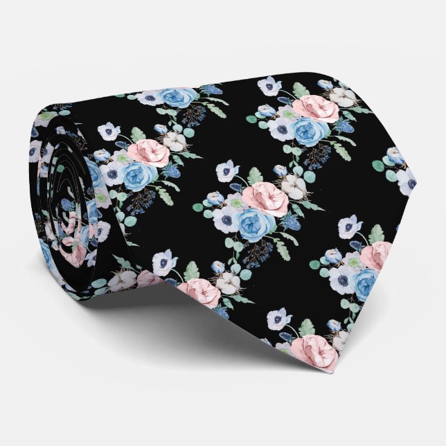 PixDezines Watercolor Dusty Blue Rose Peonies Neck Tie (Rolled)
