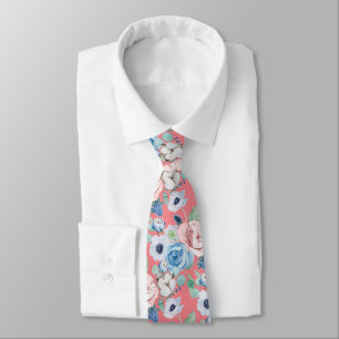 PixDezines Watercolor Dusty Blue Rose Peonies Neck Tie