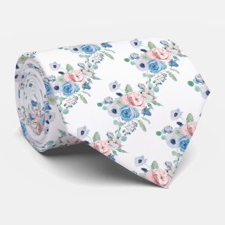 PixDezines Watercolor Dusty Blue Rose Peonies Neck Tie