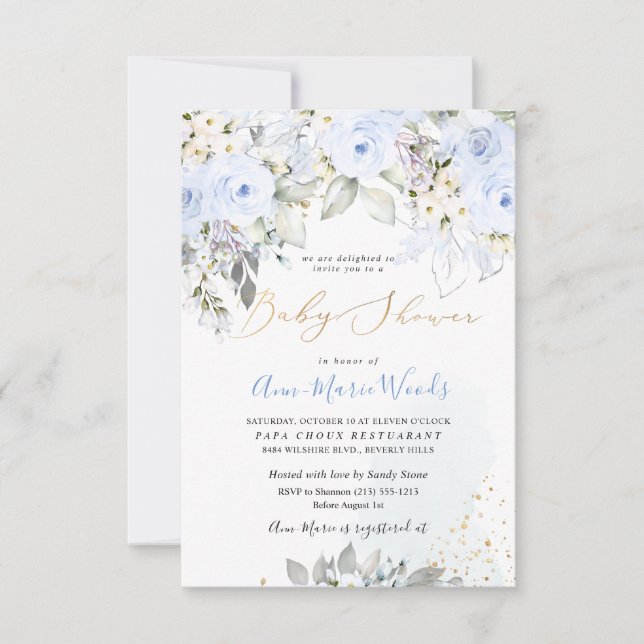 PixDezines Watercolor Dusty Blue Roses Baby Shower Invitation (Front)