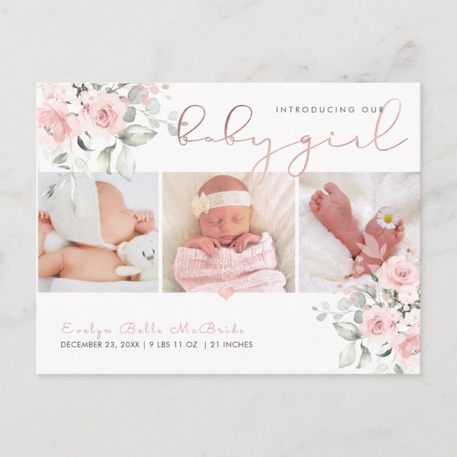 PixDezines Watercolor Dusty Pink Roses, Girl Birth Postcard (Front)