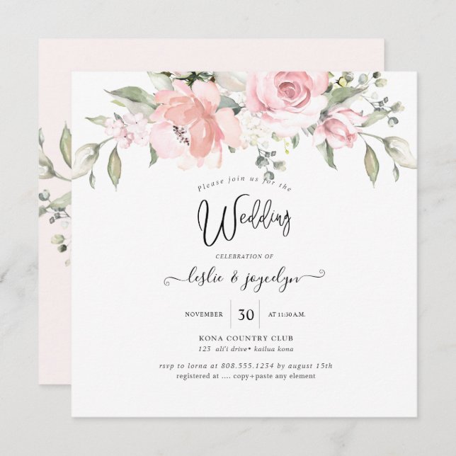 PixDezines Watercolor Dusty Rose Wedding Invitation (Front/Back)