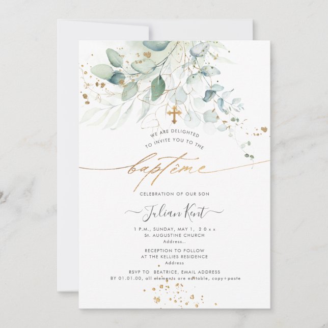 PixDezines Watercolor Eucalyptus Baptême Invitation (Front)