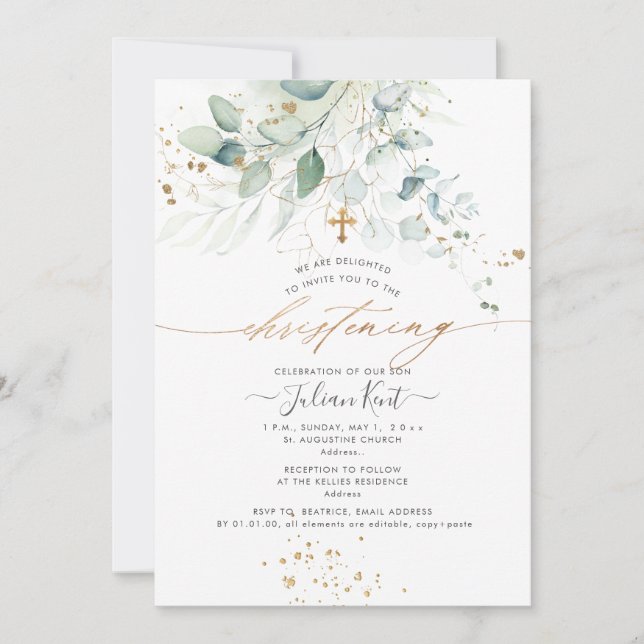 PixDezines Watercolor Eucalyptus Christening Invitation (Front)