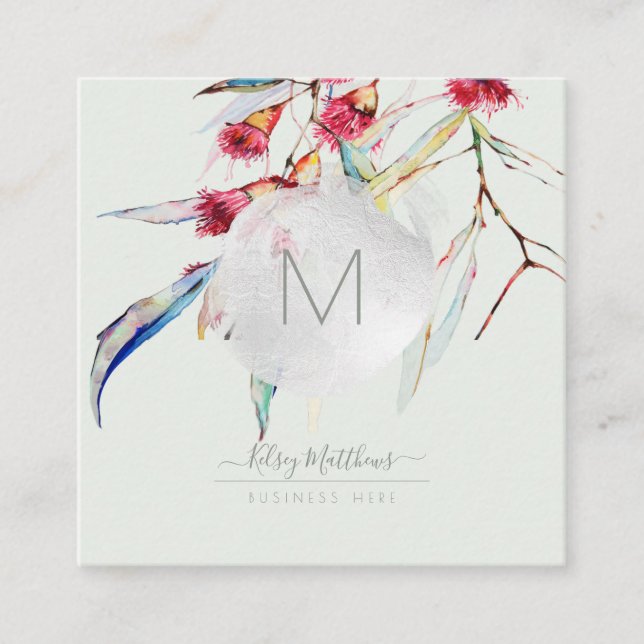 PixDezines Watercolor Eucalyptus Flowers Square Business Card (Front)