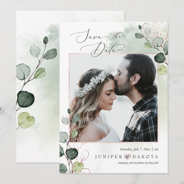 PixDezines Watercolor Eucalyptus Photo Save Date Invitation (Front/Back)