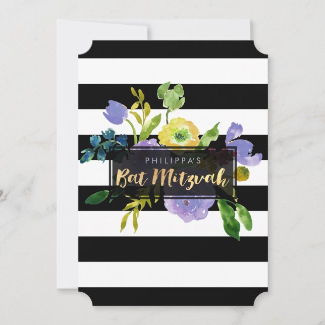 PixDezines Watercolor/Floral/Stripes Bat Mitzvah Invitation (Front)