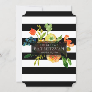 PixDezines Watercolor/Floral/Stripes Bat Mitzvah Invitation