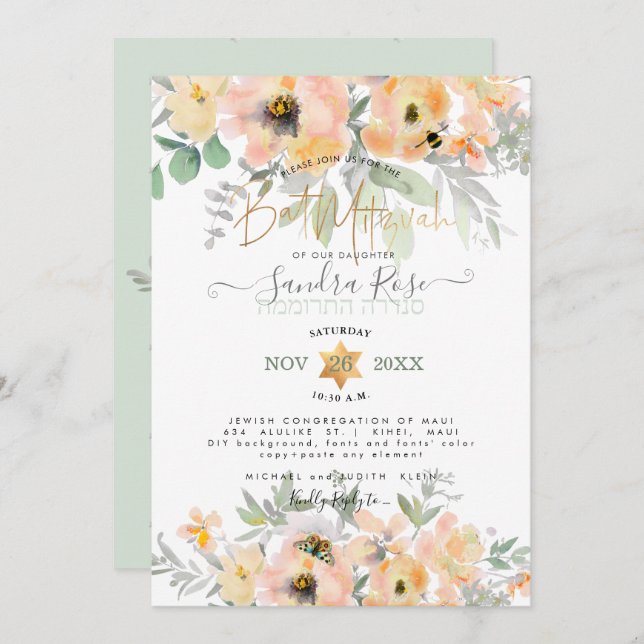 PixDezines Watercolor Flowers Bat Mitzvah, Roses Invitation (Front/Back)