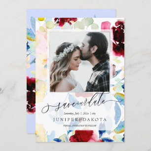 PixDezines Watercolor Flowers Burgundy+Blue Invitation