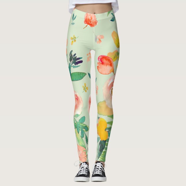 PixDezines Watercolor Flowers/DIY background Leggings (Front)