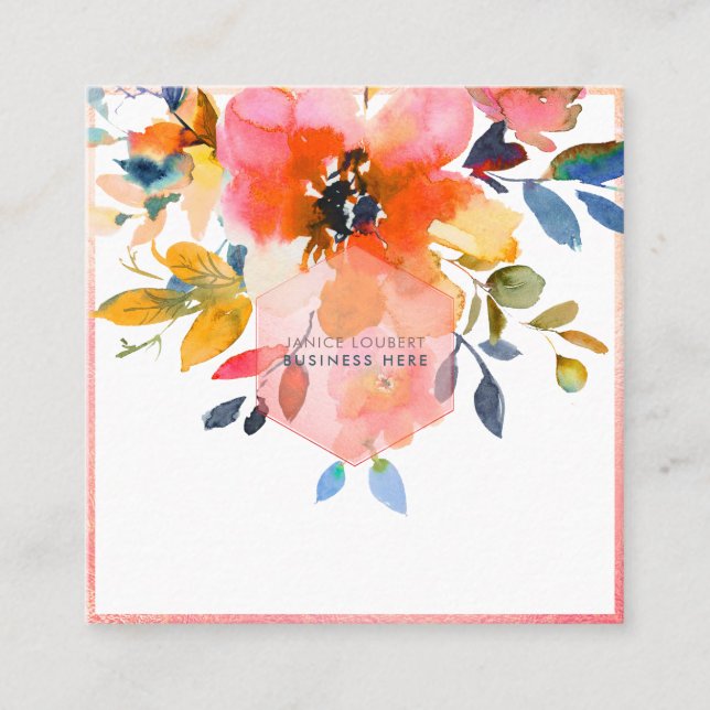 PixDezines Watercolor Flowers Garden Roses Square Business Card (Front)
