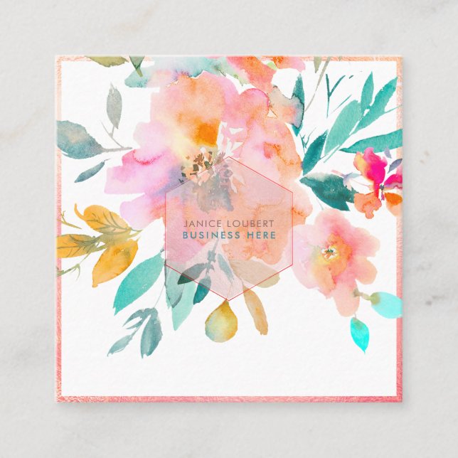 PixDezines Watercolor Flowers Garden Roses Square Business Card (Front)