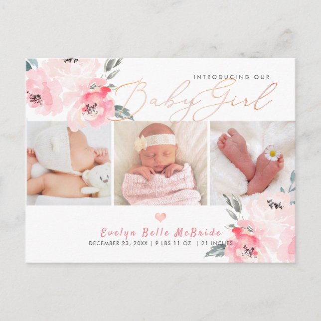 PixDezines Watercolor flowers, Girl Birth Postcard (Front)