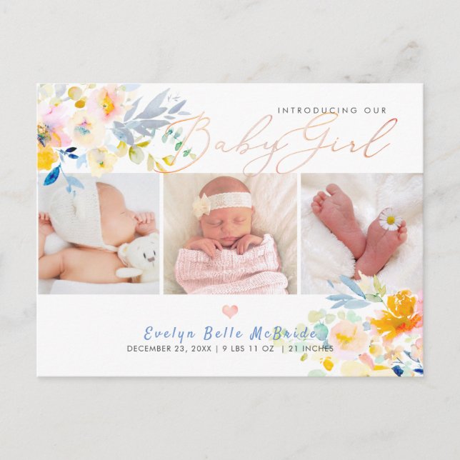 PixDezines Watercolor flowers, Girl Birth Postcard (Front)