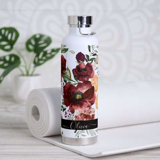 PixDezines Watercolor Flowers Marsala Red Roses Water Bottle (Yoga)