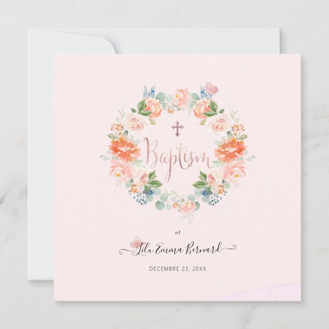 PixDezines Watercolor Flowers Peach Baptism Invitation (Front)