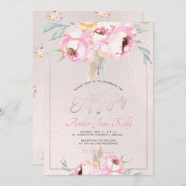 PixDezines Watercolor Flowers Peonies Baptism Invitation (Front/Back)