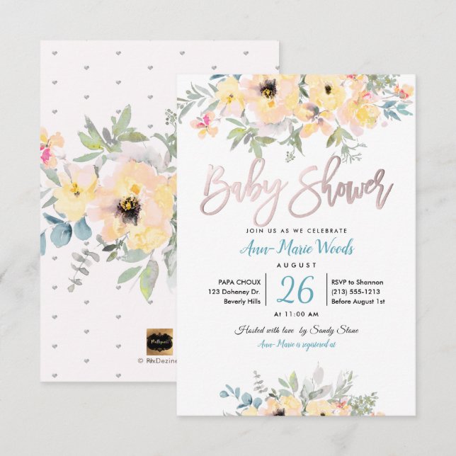 PixDezines Watercolor Garden Roses Baby Shower Invitation (Front/Back)
