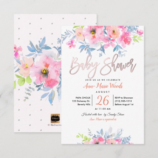 PixDezines Watercolor Garden Roses Baby Shower Invitation (Front/Back)