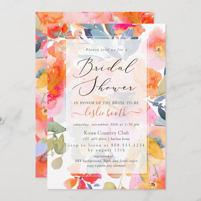PixDezines Watercolor, Garden Roses Bridal Shower Invitation (Front/Back)