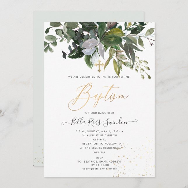 PixDezines Watercolor Greenery Baptism Invitation (Front/Back)