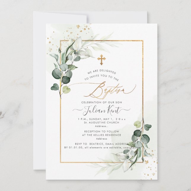 PixDezines Watercolor Gum Eucalyptus Baptism Invitation (Front)