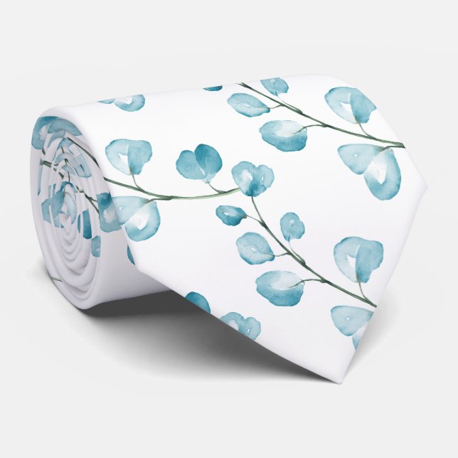 PixDezines Watercolor Mediterranean Blu Eucalyptus Tie (Rolled)