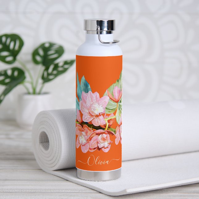 PixDezines Watercolor Orange Cymbidium Orchid Water Bottle (Yoga)