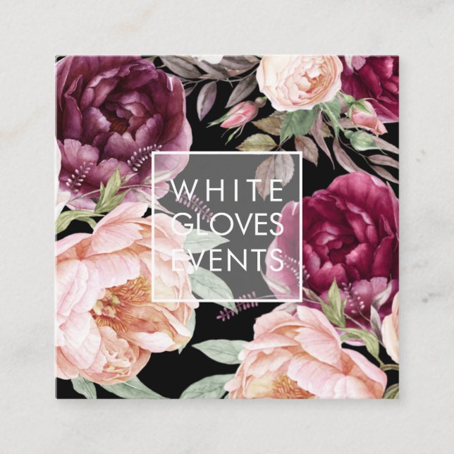 PixDezines Watercolor Peonies Blush Burgundy Square Business Card (Front)
