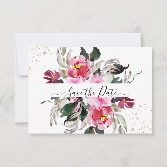 PixDezines Watercolor Pink Red Peonies Save The Date (Front)