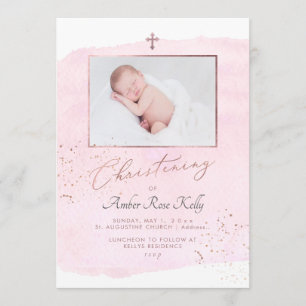 PixDezines Watercolor Rose Gold Christening Invitation