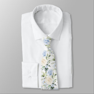 PixDezines Watercolor Roses Blue Cream Tie