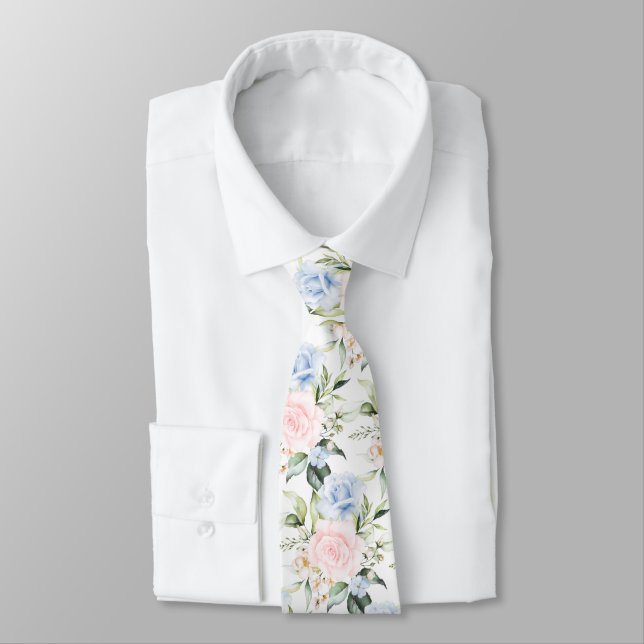 PixDezines Watercolor Roses Blush Blue Tie (Tied)