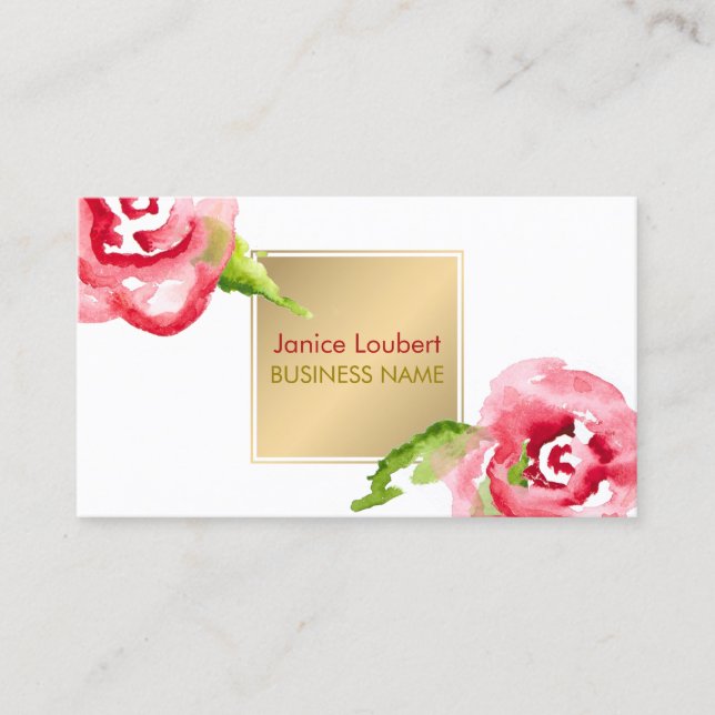 PixDezines Watercolor Roses/Faux Gold Business Card (Front)