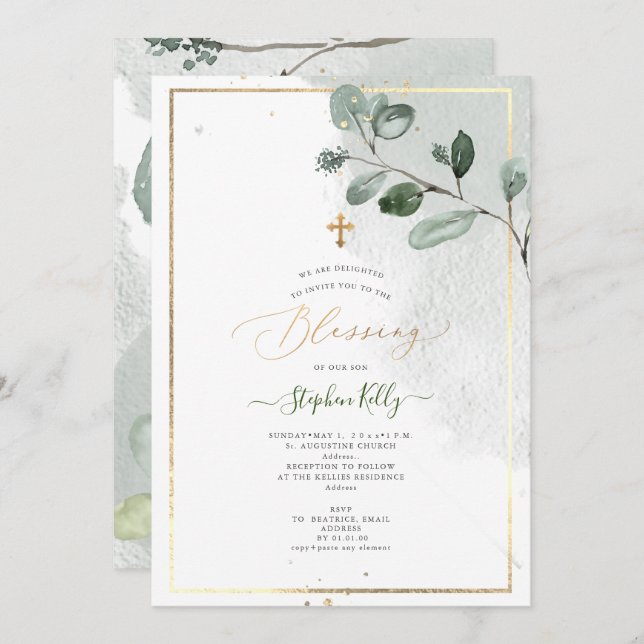 PixDezines Watercolor Rustic Eucalyptus Baptism Invitation (Front/Back)