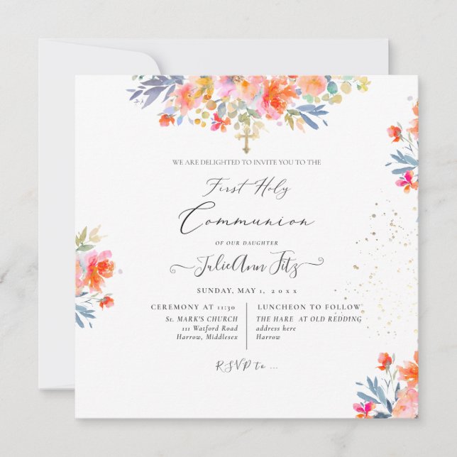 PixDezines Watercolor Summer Roses Communion Invitation (Front)